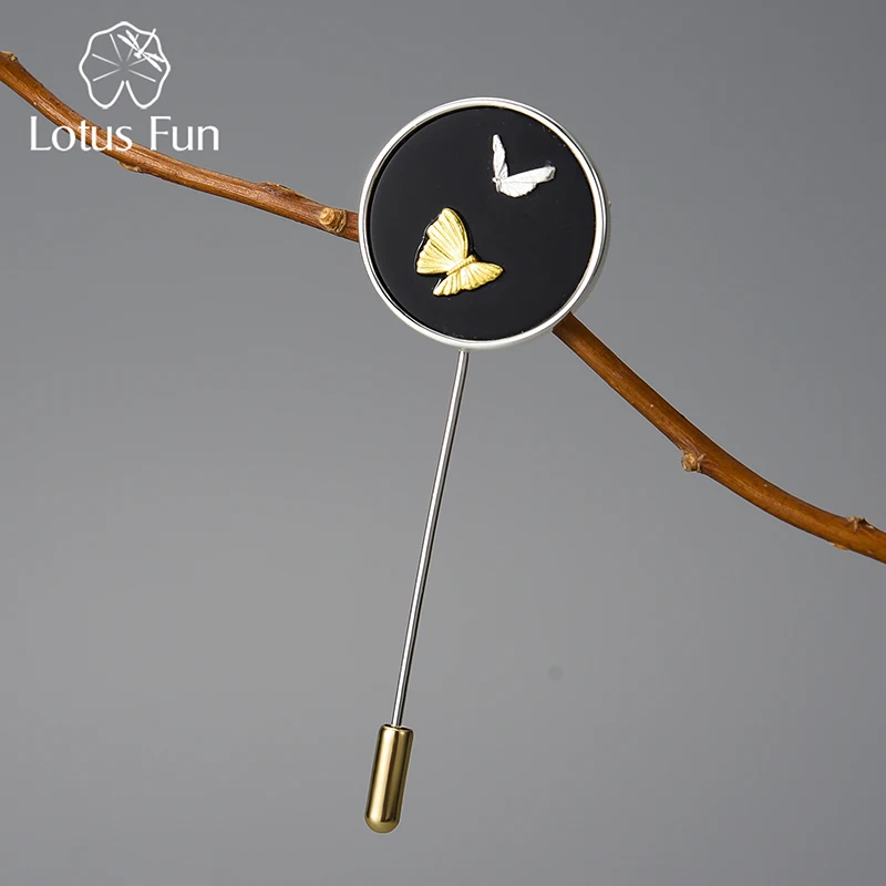 Lotus Fun Round Natural Black Agate Stone Flying Cute Butterfly Brooches Pin for Women Real 925 Sterling Silver Fine Jewelry