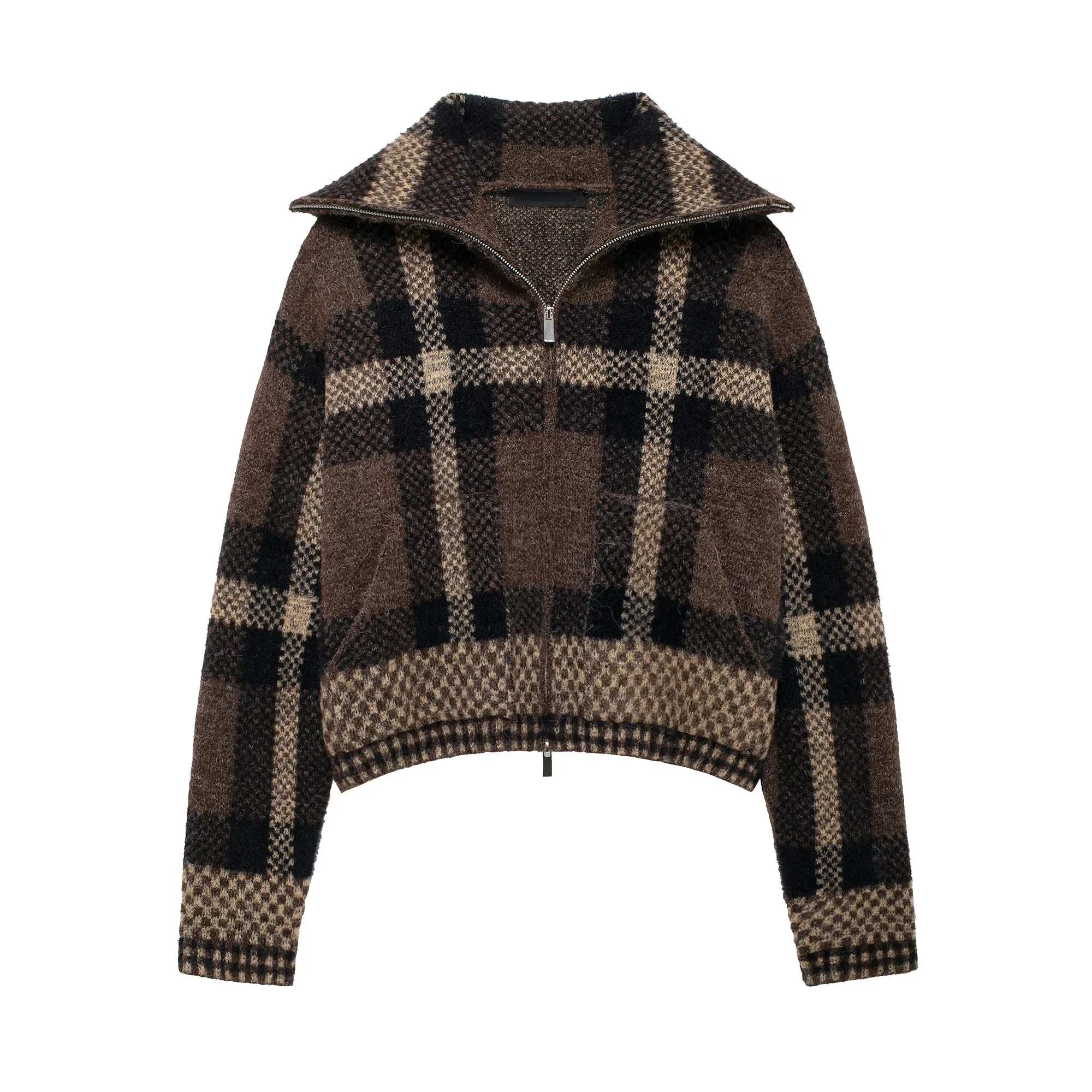 Tangada 2024 Women Elegant Plaid Zipper Cardigan Sweaters Long Sleeve Female Crop Jumper 3H0812