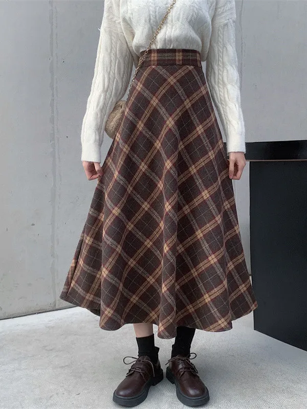 Thickened Winter High Waist Korean Style Woolen Midi Skirt for plus Size Women Checkered Half-length Skirt Women's Fashion