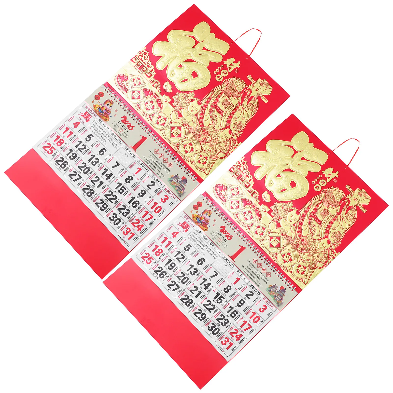 

2Pcs 2026 Hanging Wall Calendar Chinese Zodiac Horse Theme Gold Foil Crafted Lunar Calendar Daily Planner Traditional Feng Shui