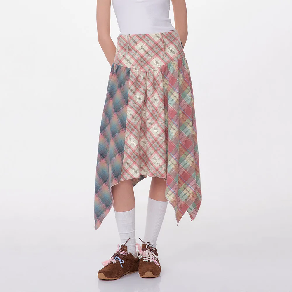 

Irregular Plaid Skirt Contrasting Colors Fashion High Waist Japanese Sweet Pink Pleated Skirts Women Girl Streetwear Long Skirt