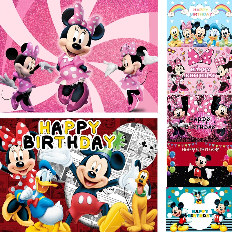 Disney Cartoon Mickey Minnie Mouse Happy Birthday Backgrounds Decors Vinyl Cloth Party Backdrops Baby Shower Banner