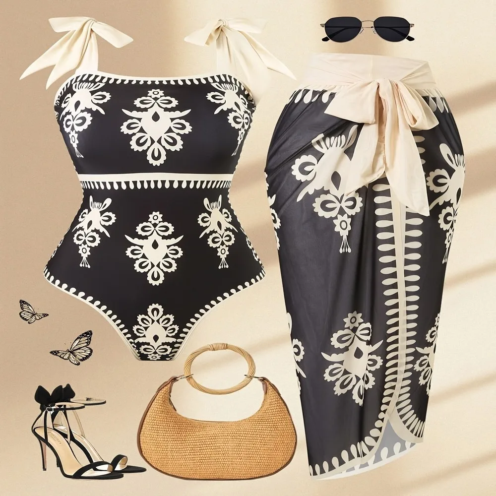 Retro Mesh Sun Protection Sleeveless Women's One-Piece Swimsuit Cover-Up Beach Dress, Stylish Hollow-Out Sheer Design Brazilian