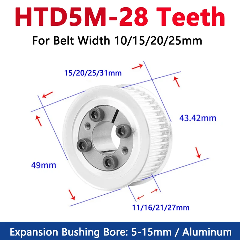 1pc 28 Teeth HTD5M Keyless Bushing Timing Pulley HTD 5M 28T Expansion Sleeve Synchronous Wheel for Belt Width 10/15/20/25mm