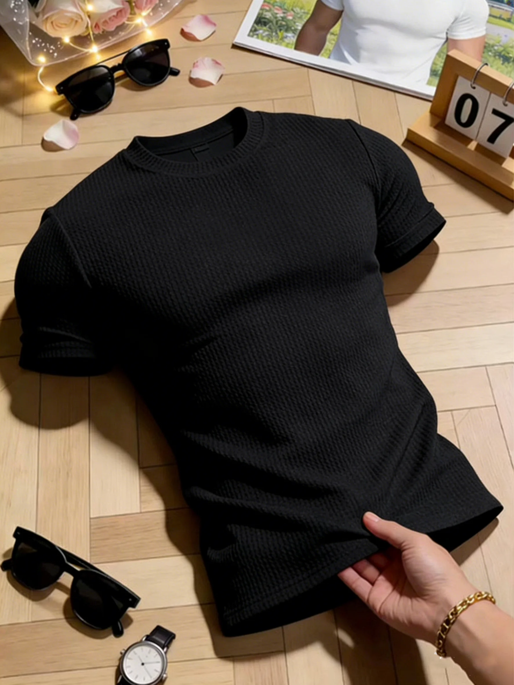 Black Slim Fit Men's T-Shirt Short Sleeve Fitness Muscle Display Sport Half Sleeve Shoulder Appropriate Summer Texture Sense