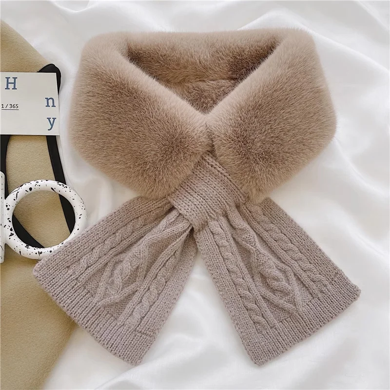 

Winter Warm Cross Scarf For Women Faux Rabbit Fur Knit Cross Scarf Solid Color Thicken Scarves Outdoor Neck Warm Neckerchief