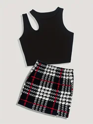 Stylish Two-piece Skirt Set Solid Cut Out Tank Top & Plaid Pattern Skirt Outfits Women's Clothing