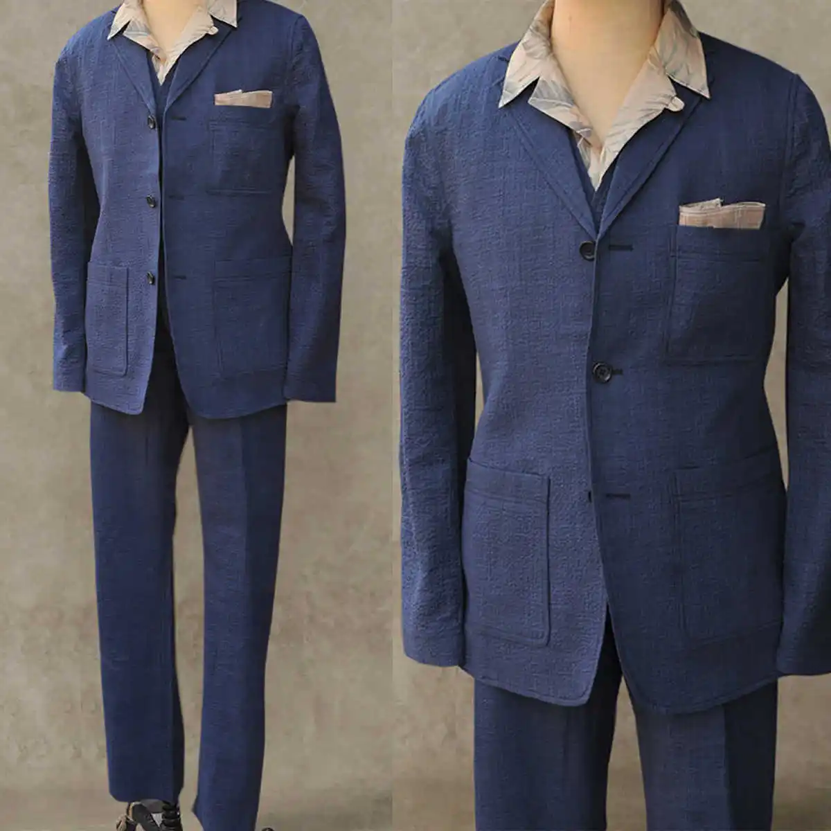 

Navy Blue Men's Suit 2 Pieces Blazer Pants Bow Collar Single Breasted Buckle Bussiness Work Wear Wedding Costume Size Color