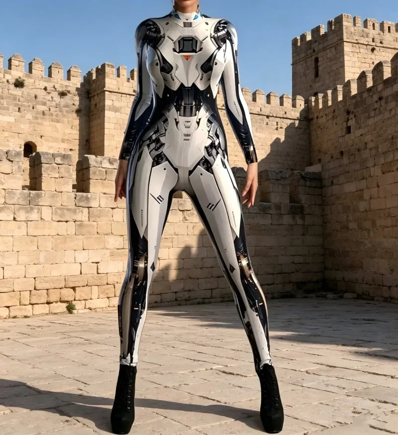 Women's Sexy Robot Punk Cyberpunk Jumpsuit Catsuit Cosplay Costume Skeleton Steampunk Zentai Bodysuit for Halloween - view 5