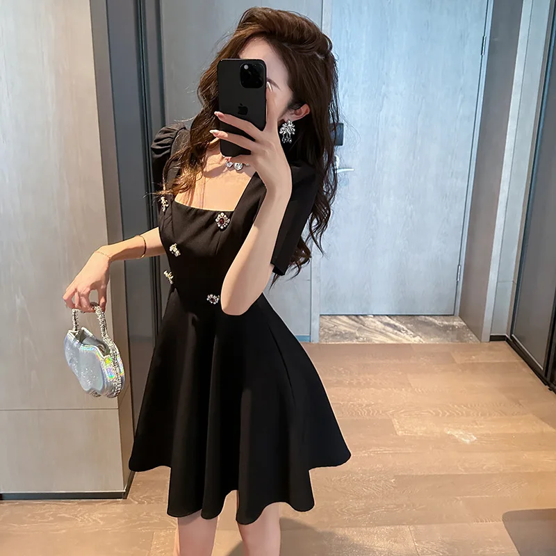 Summer French Square Collar Puff Sleeve Tulle Tutu Dress Design Sense Line Skirt Little Black