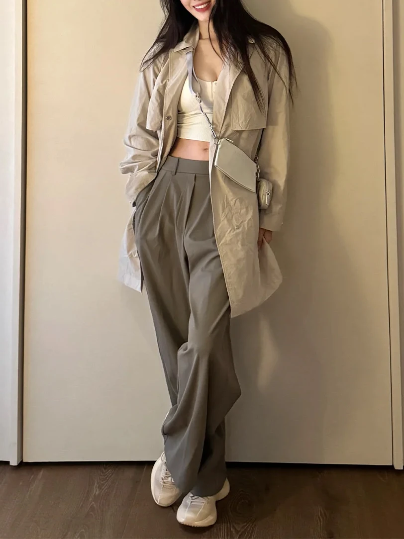 Pocketed suit pants with pleats, cool feeling, versatile wide-legged, long pants, casual, straight-cut, elastic waist