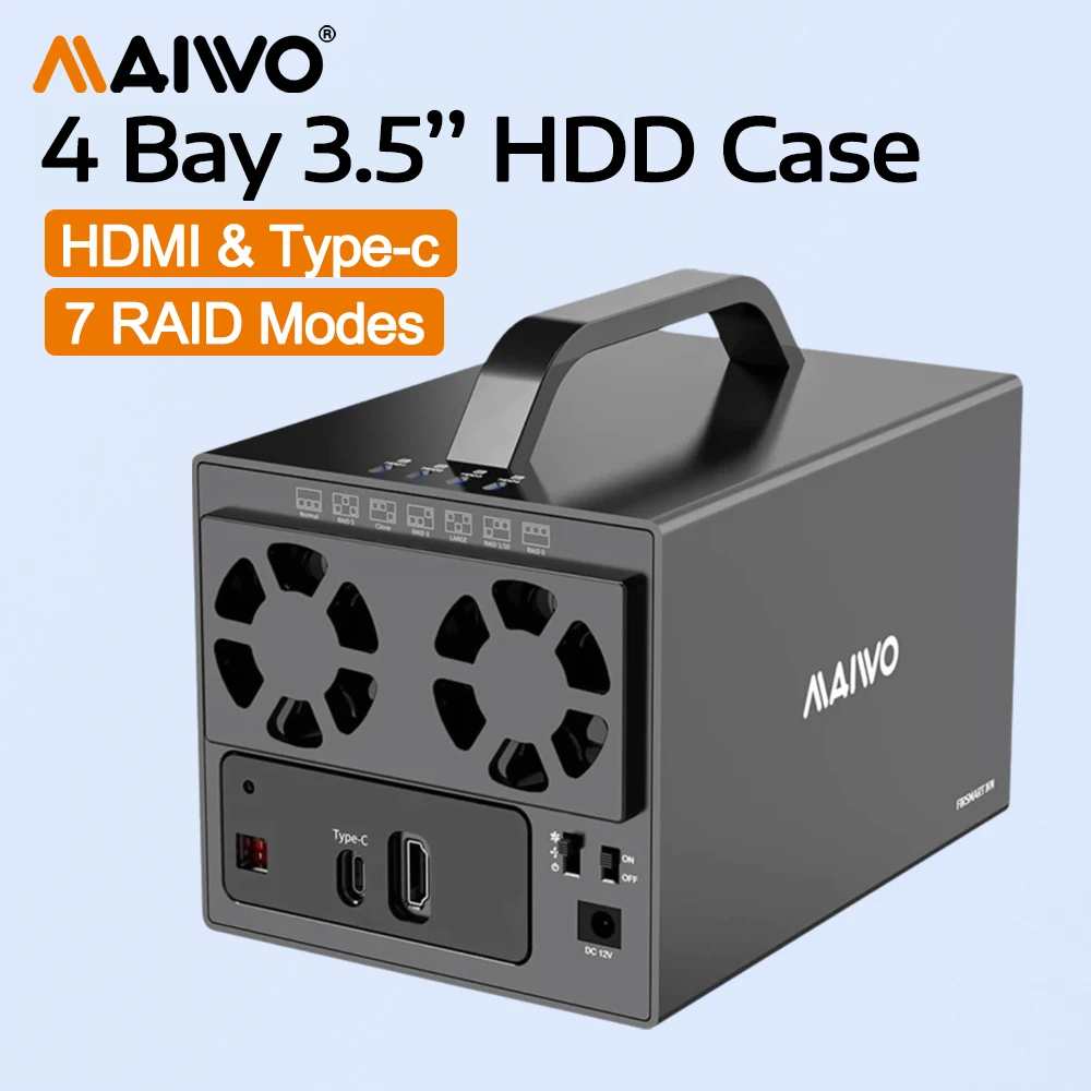 MAIWO 4 Bay 3.5'' HDD RAID Enclosure For 2.5/3.5 Inch SATA Drive with Cooling Fan Supports 7 Raid Modes 96TB Capacity DAS Case