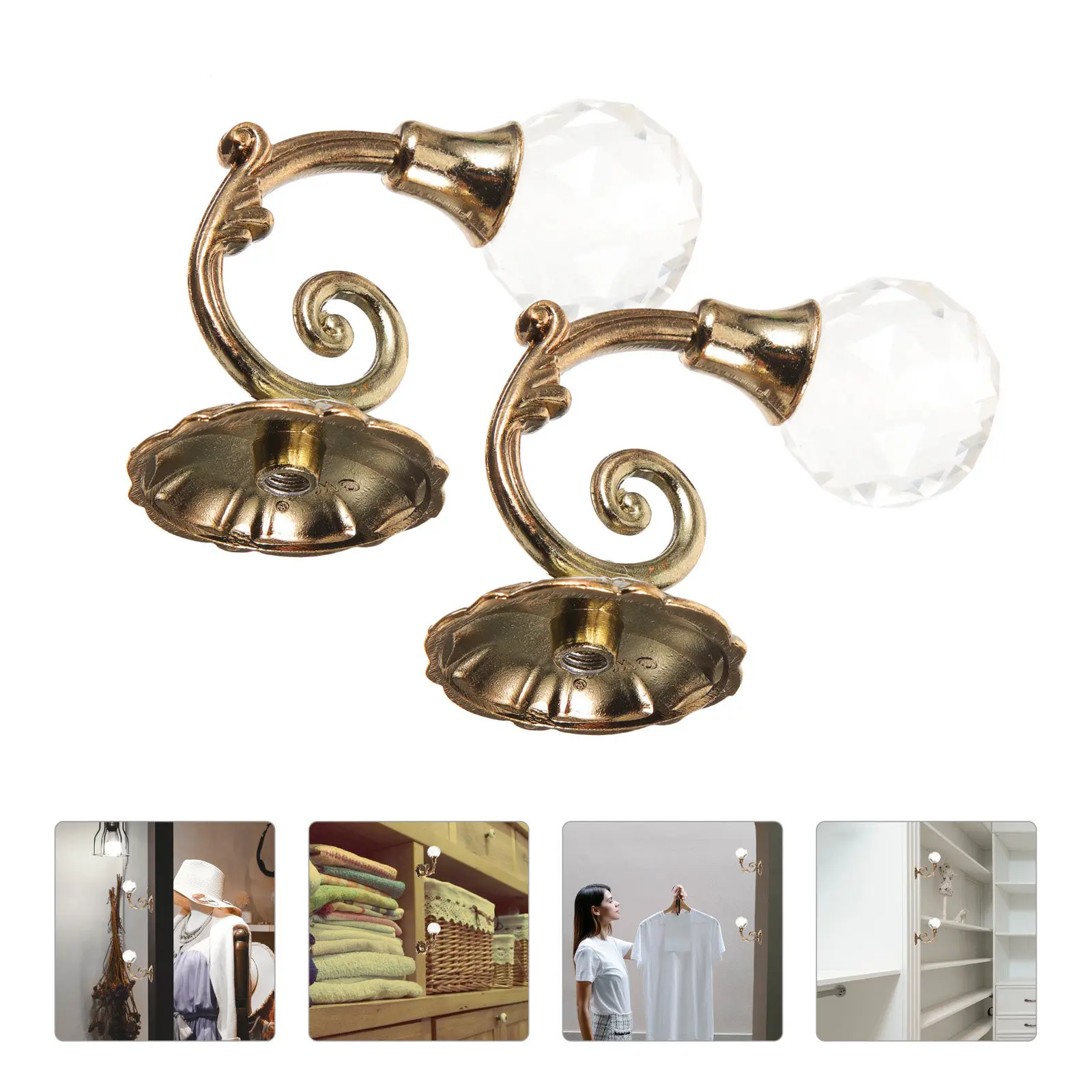 Pair Classic Vintage Crystal Ball Holdbacks Golden Yellow Premium Curtain Wall Hook for Traditional Modern Room Decor