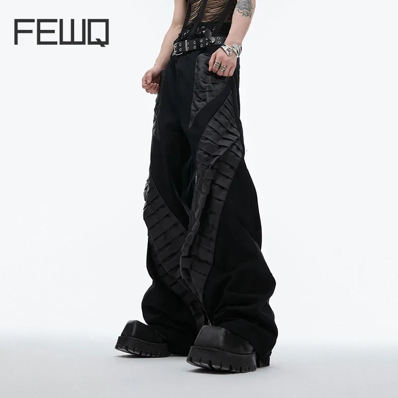 

FEWQ Design Sense Workwear Pants Leather Splicing Loose Sagging Casual Trousers Solid Color Patchwork New Fashion 24E1132