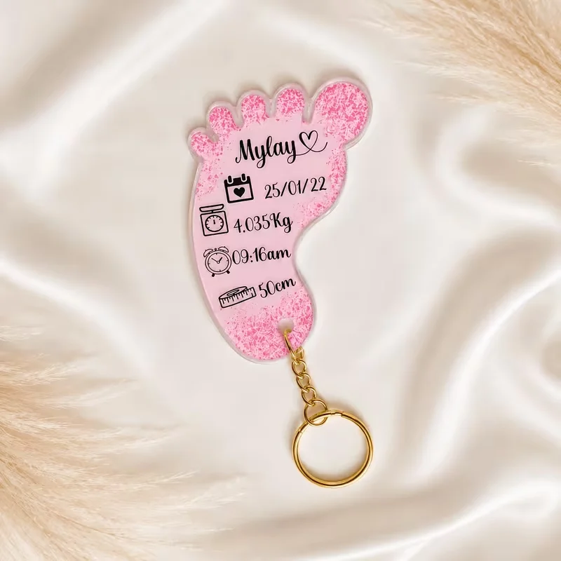Custom Footprint Acrylic Keychain Engraved Name Date Weight Time Length Memorial Keyring Gifts for Parents Family Keepsake Decor