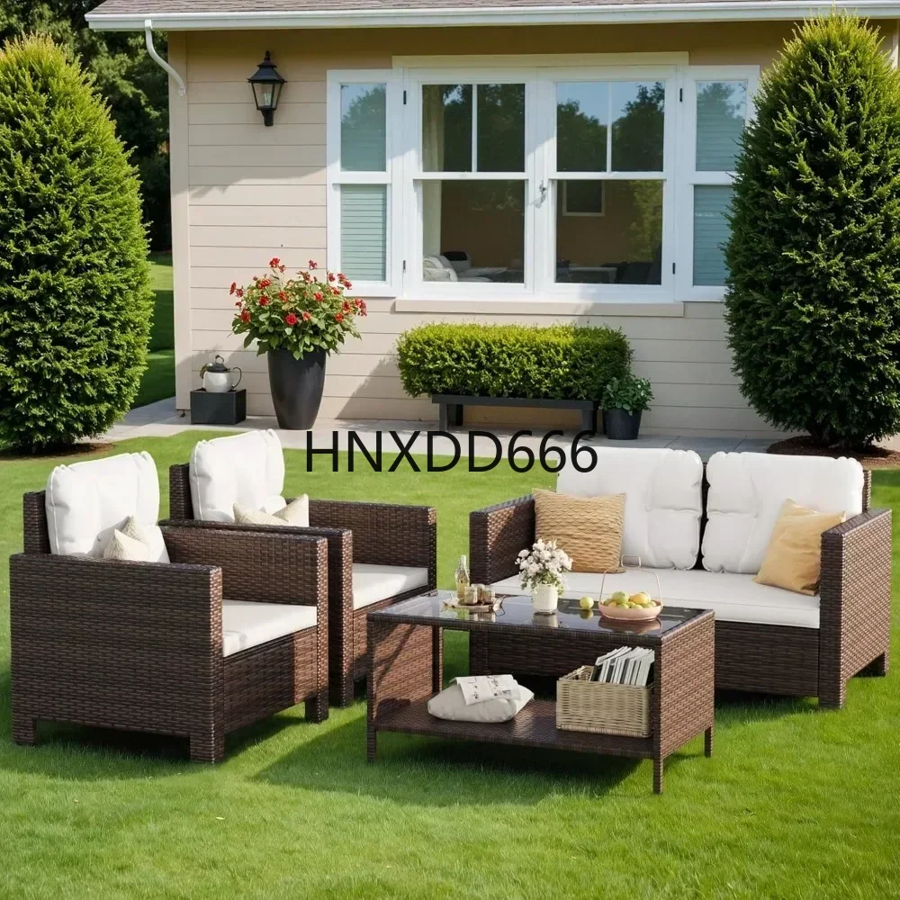 

Rattan Chair Wicker Conversation Sofa Set, Outdoor Indoor Backyard Porch Garden Poolside Balcony 4 Pieces Patio Furniture Sets