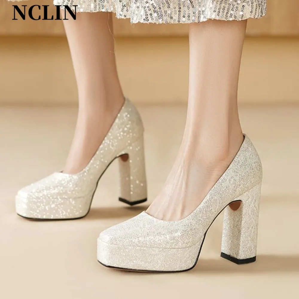 

Small Size 34-39 Shallow Thick Bottom White Golden Wedding Shoes Bride Platform Pumps 2025 Block High Heels Shoes for Model Mom