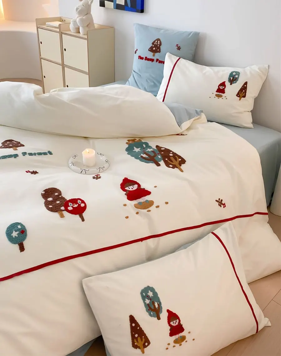 Fashion cute embroidery girl tree red bedding set double,full queen king cotton home textile bed sheet pillow case quilt cover