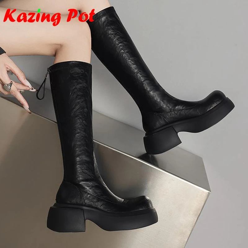 Krazing Pot Cow Split Skin Round Toe Thick Bottom Equestrian Boots Keep Warm Winter Shoes Pleated Style Women Thigh High Boots