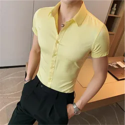 Verão moda casual manga curta camisa sólida super fino ajuste masculino negócio social vestido camisa marca masculina casual vestido blusa