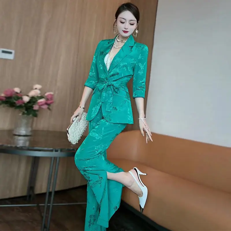 

Women Single Button Blazer Coat + Trousers 2022 Summer Fashion Flowers Printing 2 Pieces Suits Ladies Wide Legs Pants Set