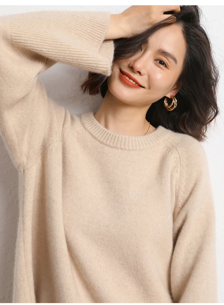 高品質カシミヤ厚手ゆったり風秋冬新作レディースルーズラウンドネックロングニットセーター