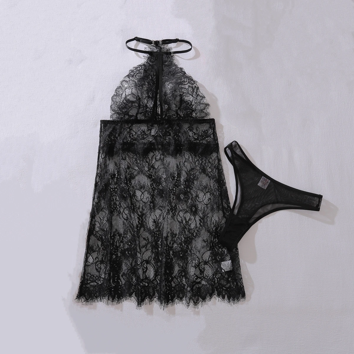 

2026 Fashion Waterdrop Hollow Perspective Exotic Dresses Women's Eyelash Lace Body Shaping Sexy Hanging Neck Sleeping Skirt Set
