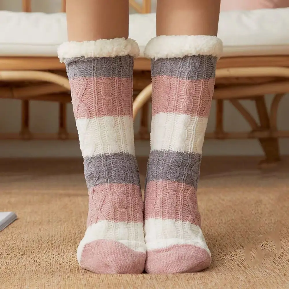 

Sweet Fried Dough Twist Stripe Fleece Socks Plush Warm Coral Fleece Socks Soft Kawaii Winter Floor Socks Fall Winter