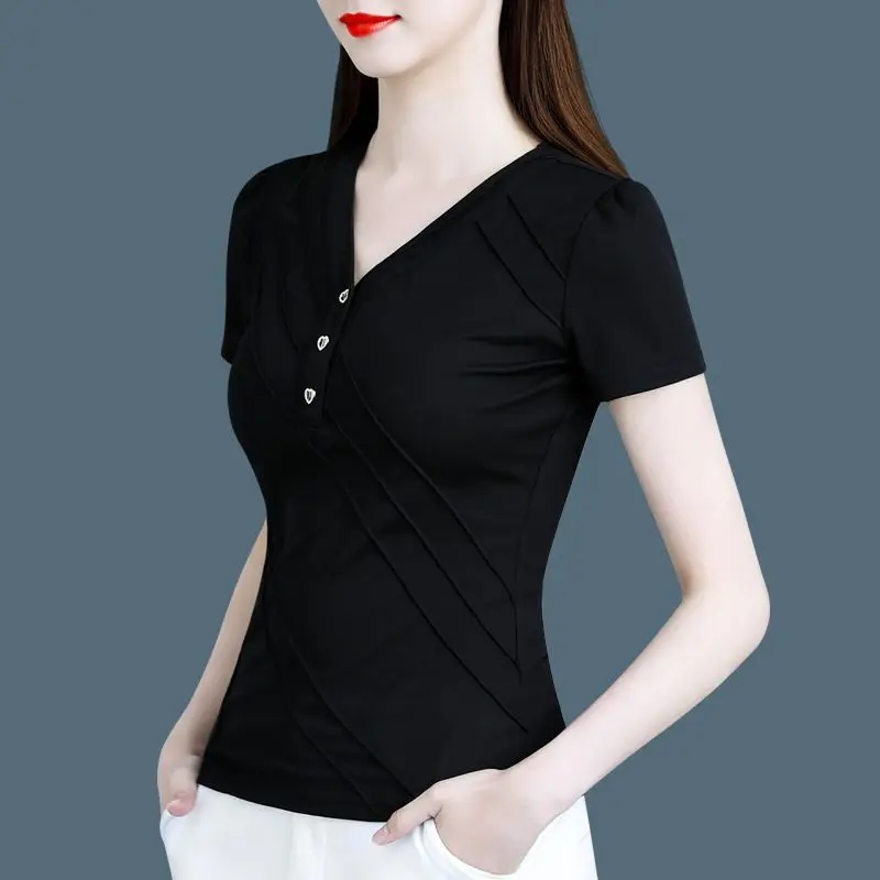 Summer New Fashion Elegant Simple Black V-Neck Short Sleeved T-shirt Women Temperation Patchwork Button Slim Fit Versatile Tops