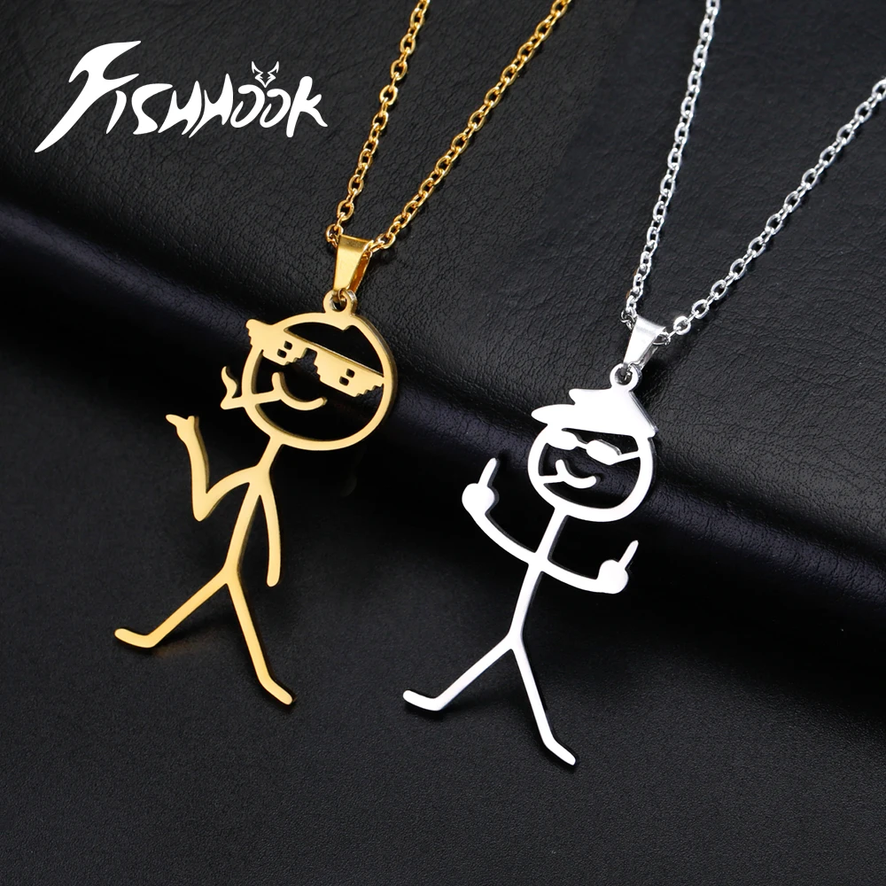 Funny Necklace for Men Woman Kid Child Doodle Stickman Middle Finger Pendant Gold Color Stainless Steel Jewelry Rock Punk Chain