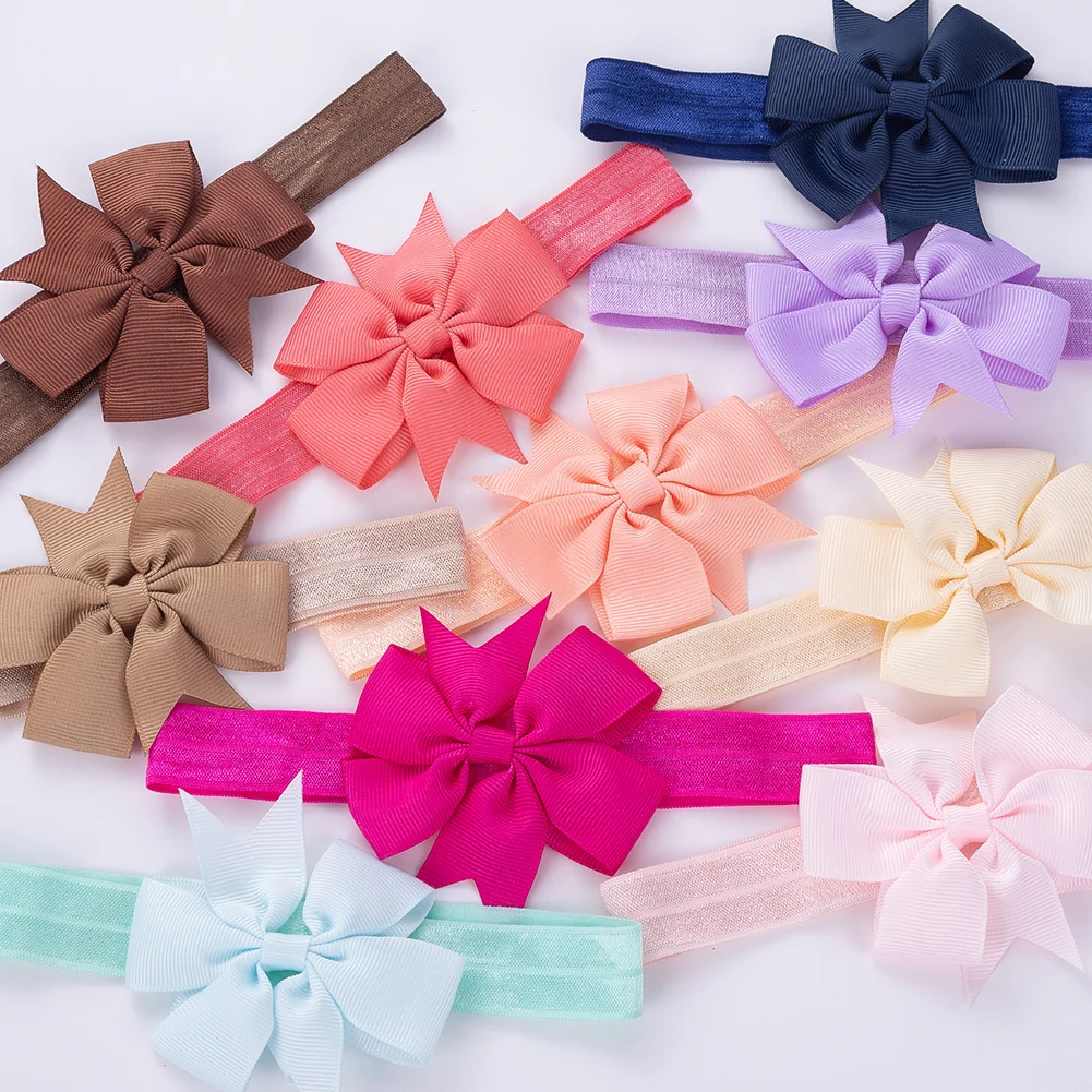 Colorful Ribbon Bow Headbands for Baby Girls Neborn Stretch Wide Elastic Hair Bands Pinwheel Headwras Solid Kids Headwear