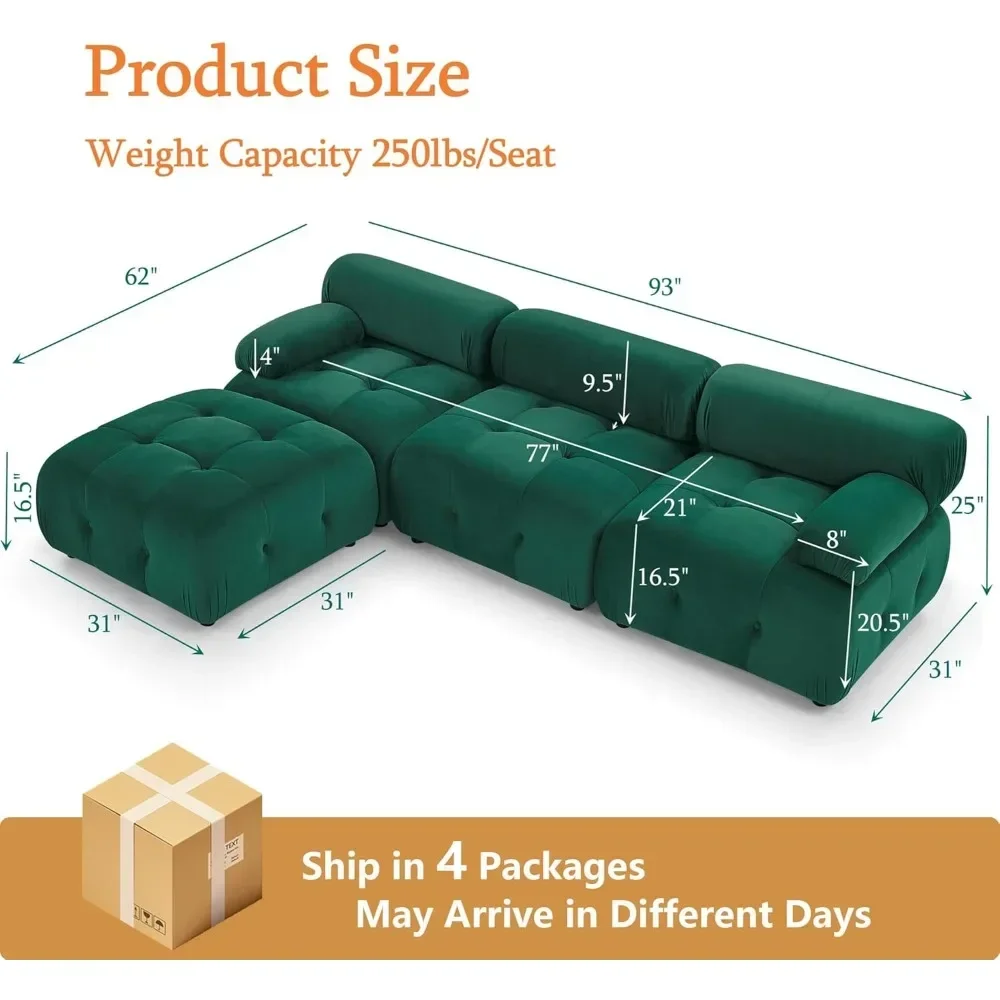 93 Inch Green Velvet Combination Cloud Sofa, Modern L-shaped Sofa DIY Combination Flip Recliner