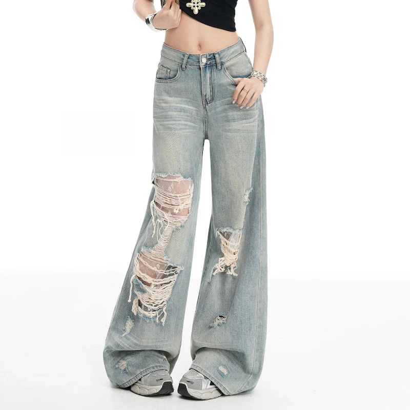 Women American Retro Washed Ripped Hole Jeans 2026 Summer New High Waist Loose Fit Wide‑Leg Denim Pants Y2K Distressed Trousers