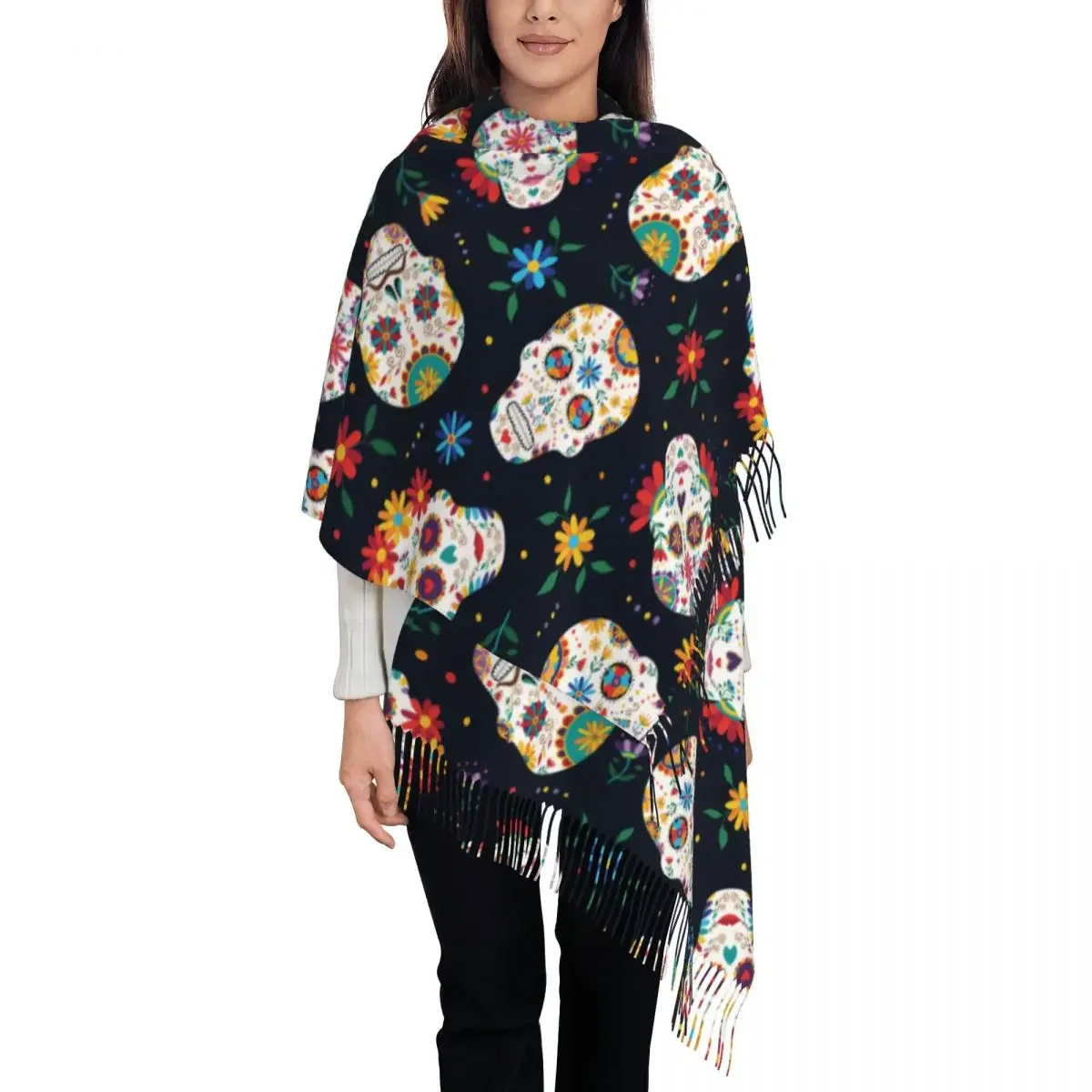 Sugar Skull Day Of The Dead Shawl Wrap for Women Winter Warm Large Scarf Halloween Mexican Skeleton Pashminas Tassel Scarves