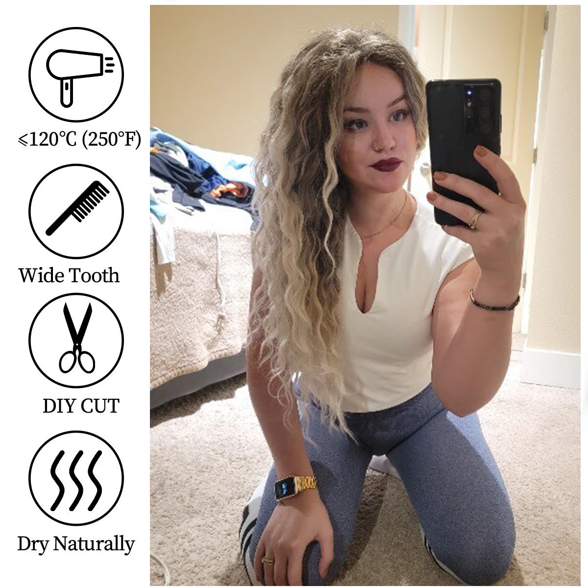 Long Curly Hair Wig for Women Ash Blonde Ombre Wavy Wigs with Brown Roots Natural Synthetic Cosplay Wig Pink Purple Ginger