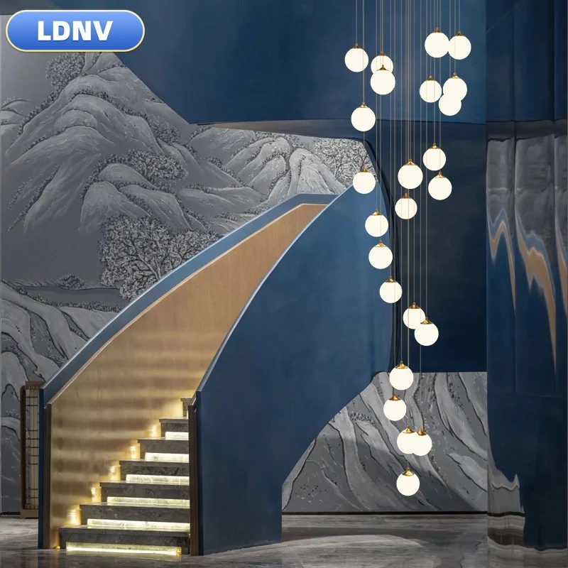 

Stair long chandelier light luxury living room loft high duplex building hollow Nordic minimalist glass spherical LED light