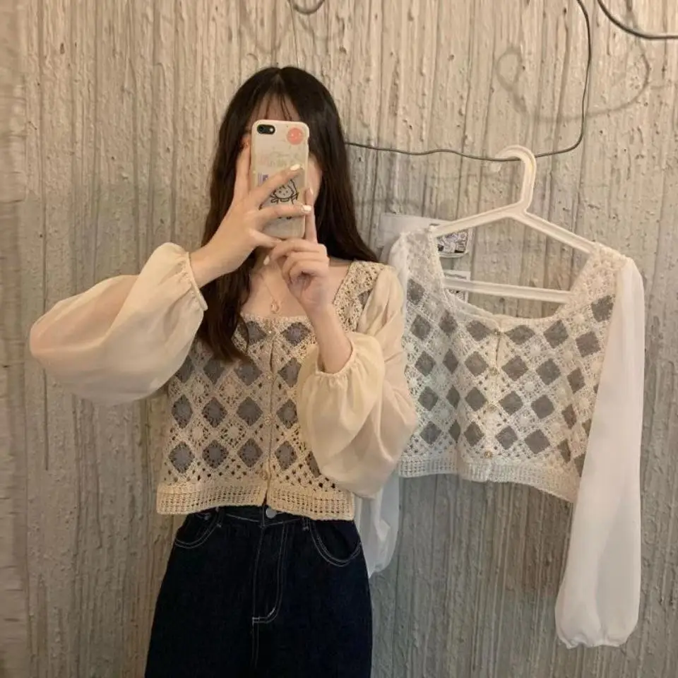 Geometric Embroidery Crochet Blouse with Chiffon Sleeve Button Front Cardigan Top Women Spring Summer Fairycore Cottagecore