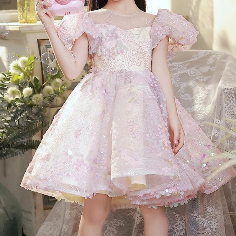 

Exquisite Sweet O-neck Puff Sleeve Short Vestidos Luxury Flower Print Sequin Appliques Slim Waist A-line Gown Cascading Dresses