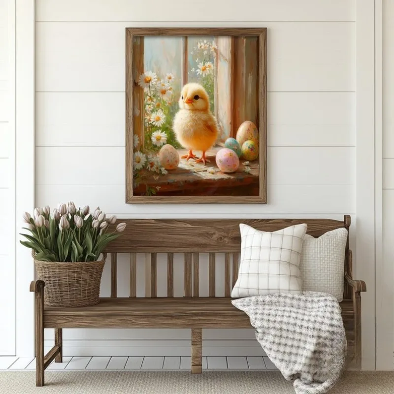 Adorable Easter Chick with Decorated Eggs Print, Springtime Art, Spring Vintage Chick Oil Painting, Farmhouse Wall Art, Daisies