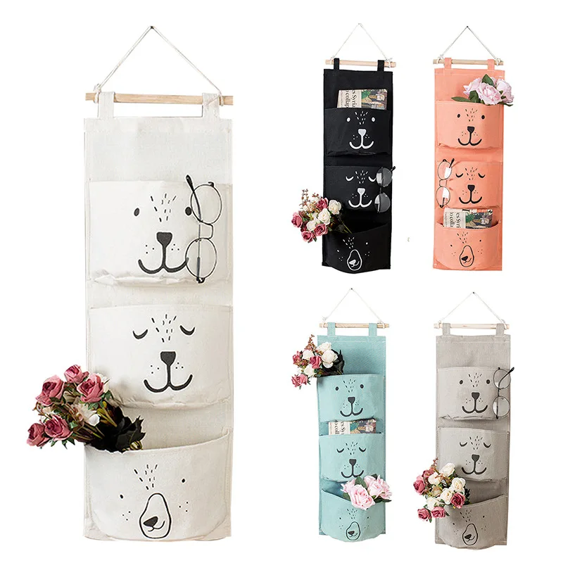 3 Pockets Cute Wall Mounted Storage Bag Closet Organizer Clothes Hanging Storage Bag Children Room Pouch Home Decor