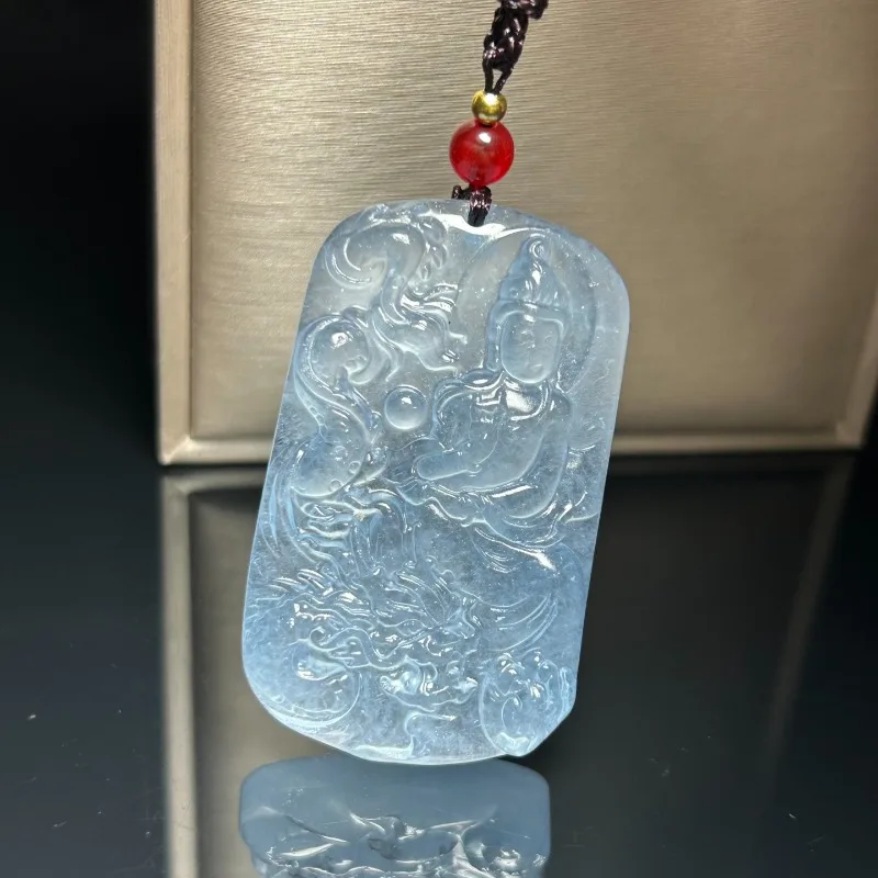 New High-ice Light Blue Royal Dragon Guanyin Pendant, Fashionable Classic Necklace.