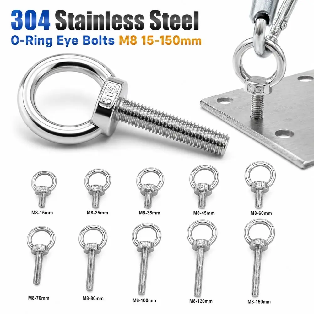 304 Stainless Steel Eye Bolts M8 15-150mm Heavy-Duty O-Ring Extended Bolts Hand-twisting Rust Prevention Lifting Bolts Eyelets