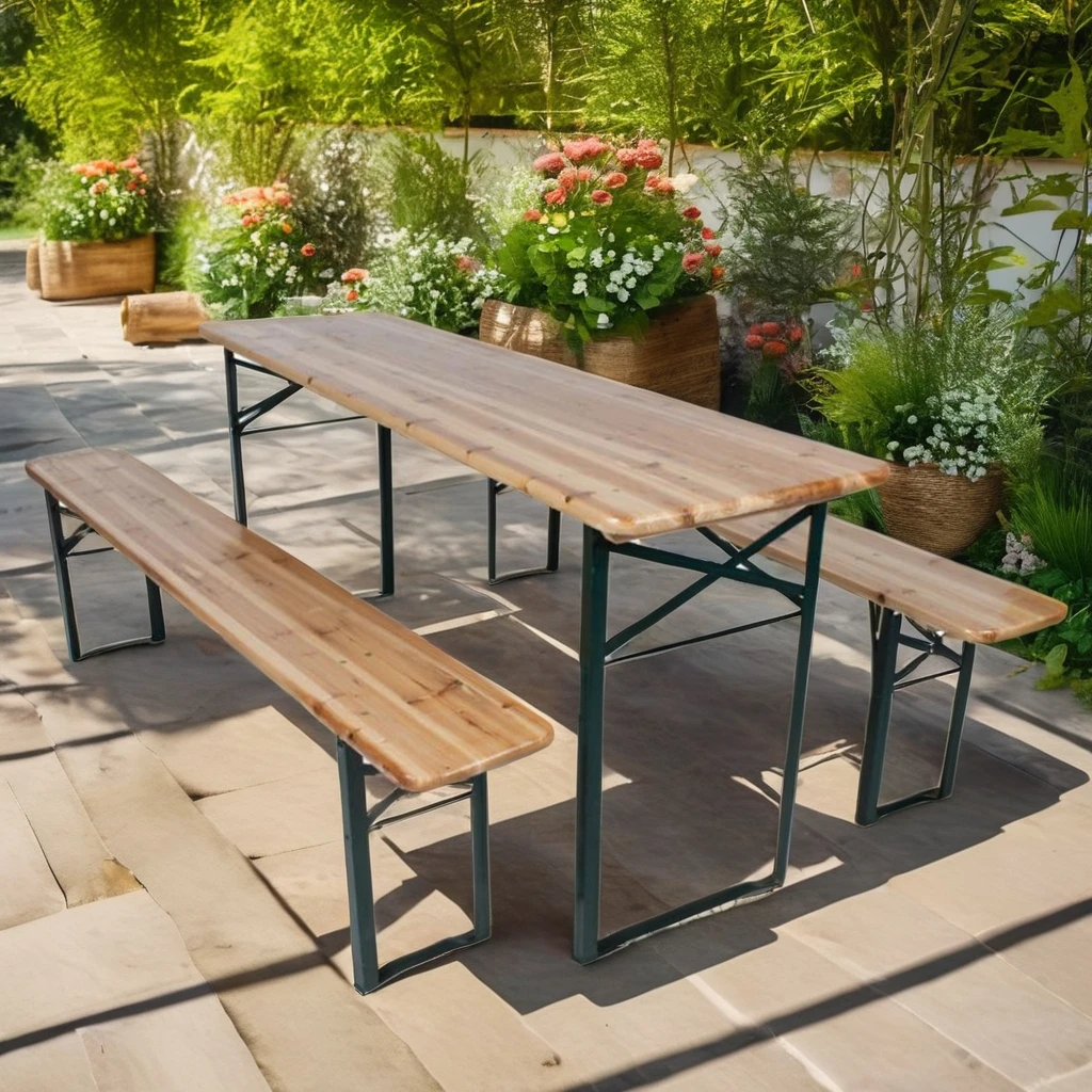 

Wholesale Hot Sale Outdoor 3pcs Beer Tabele Set Easy to Assemble and Transport Garden Park Folding Wooden Table Beer Stools Set