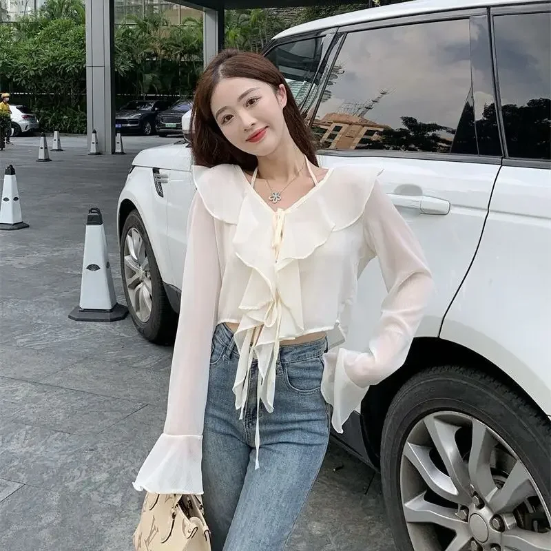 Blouses Women Elegant Lady Soft Ruffles Fairycore Chic Halter Aesthetic Lace-up French Style Gentle Popular Flare Sleeve Vintage