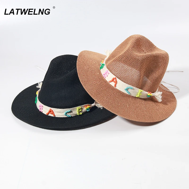 

Desige "PEACE" Sun Hats For Women Men Fashion Fedoras Beach Hats Ladies Black White Panama Straw Hat Suncreen Wholesale