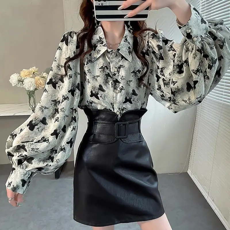 Summer Streetwear Polo-neck Printed Buttons Top Women Long Sleeve Loose Casual Harajuku Y2K Shirt Lady Elegant All-match Blouse