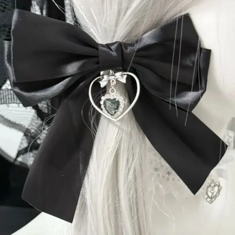 

Korean Women's Lace Bow Hair Clip Heart Shape Rhinestone Pendant Lolita Suit Skirt Accessories Subculture Y2K Hair Clip