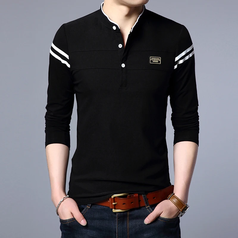 Men\'s Fashion Summer Long Sleeved POLO T-shirt Casual Cotton Breathable Top Stand Up Neck Long Sleeve Korean Comfortable Shirt