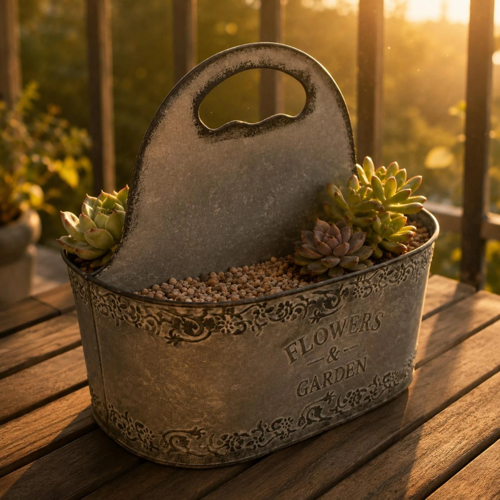 Metal Tabletop Planter Weathered Two-Compartment Planter Metal Flower Container Decorative Scroll Border Oval Flower Pot Vintage