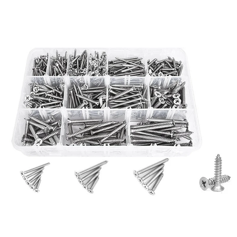 

510PCS Wood Screws Assortment Kit Stainless Steel Self Tapping Screw Set Crosshairs Flat Head Sheet Metal Screws